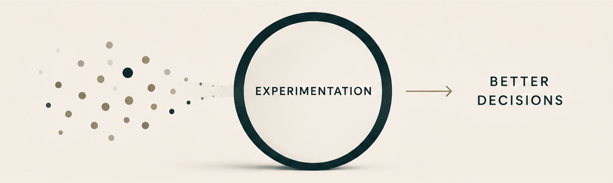 Abstract editorial visual showing experimentation turning many ideas into better decisions.